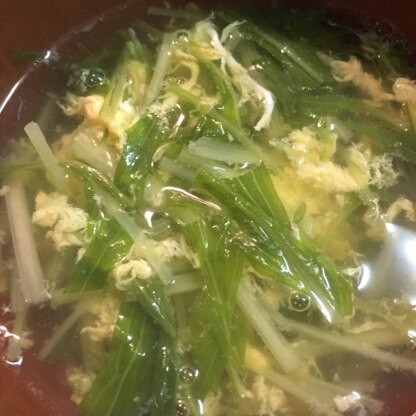 初めて水菜でスープを作りました！豆腐が無かったので水菜と卵だけで…^ ^ 美味しかったです！